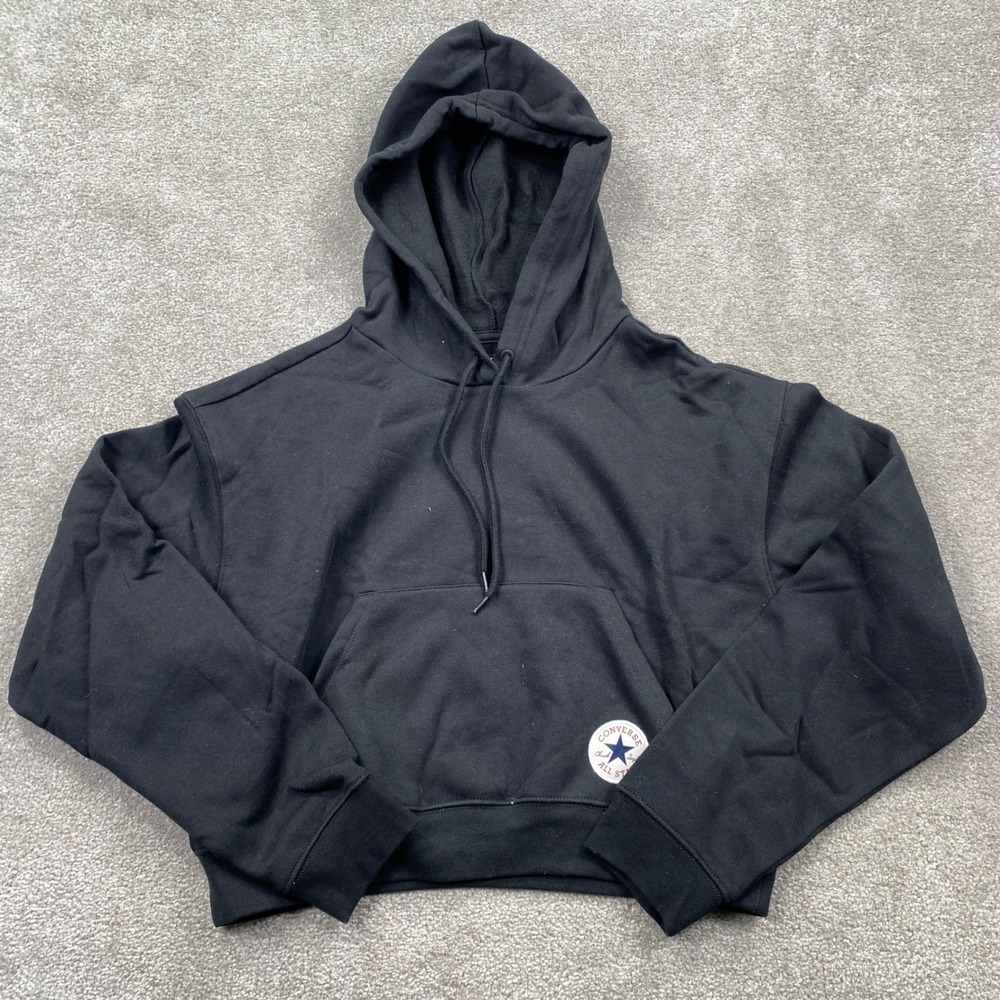 Converse Hoodie Womens Medium Black Cropped Chuck Taylor All Star Patch Pullover